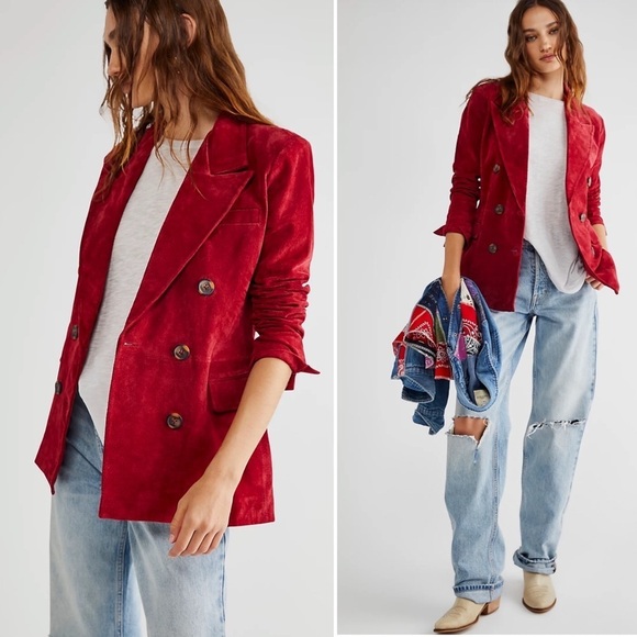 Anthropologie || Blank NYC Suede Leather Double Breasted Blazer Red XS NWT - Picture 1 of 10